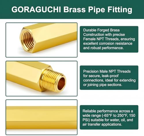 1PCS Brass Pipe Fitting, 1/4" NPT Male x 1/4" NPT Female Nipple, 6" Length for water/oil/air/fuel