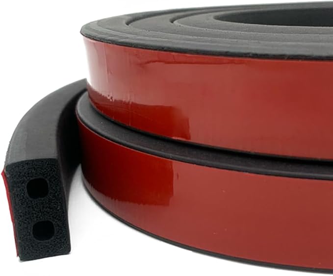 Double-Hole Rubber Weather Stripping, Self-Adhesive EPDM Rubber Seal Strip, Black, W:1" x H:1/2"", L:20Ft, for RV, Boat, Auto, Garage Door/Window, Machinery