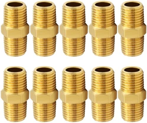 10 Pcs Brass Pipe fittings, 1/4" x 1/4" NPT Male Hex Nipple adapter coupler