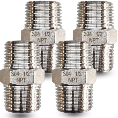 1/2" NPT Stainless Steel Hex Nipple, 4PCS Male to Male Pipe Fitting Adapter