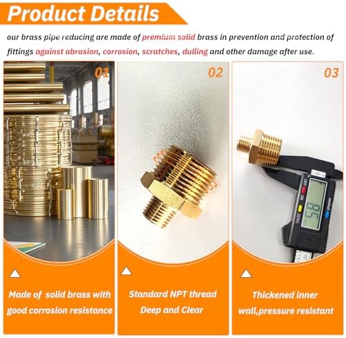 2pcs 3/4" NPT x 1/4" NPT Brass Nipple, 3/4 to 1/4 Adapter Fitting Reducing Solid Hex Brass Nipple, 3/4 Male to 1/4 Male Reducer Pipe Fittings for Extending and Connecting Pipes