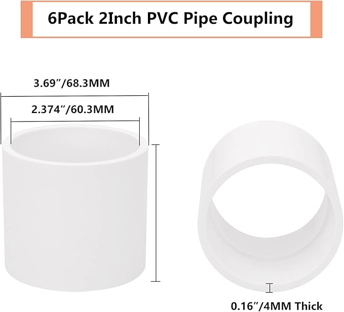 6Pack 2" PVC Pipe Coupling Adapter Pipe Fittings (S x S) Contractor Pack Schedule 40 Heavy Duty 2 Inch PVC Slip Socket Connectors for DIY Shelf Garden Support Structure, White