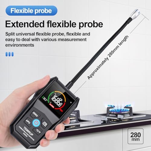 Gas Leak Detector, TEMIRUP Natural Propane Gas Sniffer Combustible Gas Leak Detector with 50-50000PPM 100% LEL, 2.6'' Color LCD Display,Temperature Measure, 12" Flexible Probe,High Sensitivity