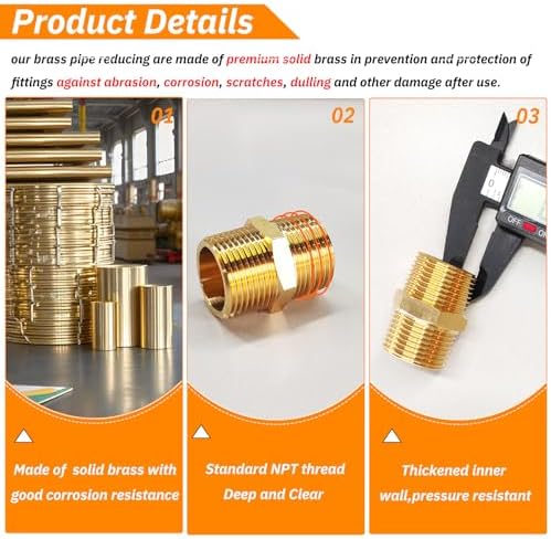 2PCS Hex Brass Nipple 3/4" NPT Male X 3/4" NPT Male Pipe Fitting 3/4 inch Brass Nipples Male Pipes Adapter Fittings Heavy Equal Nipples Connectors