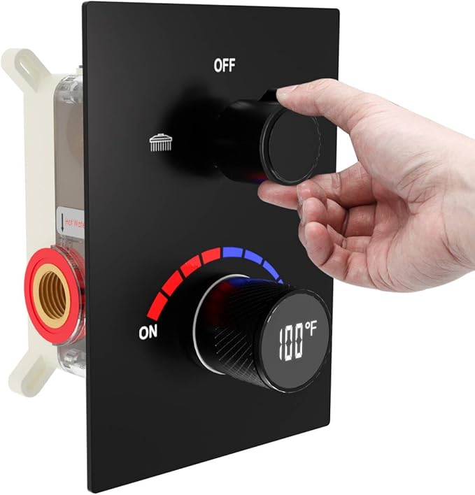 2 Way Shower Mixer Valve Temperature Display with Trim Kit, Digital Shower Diverter Mixing Brass Valve Body for Shower Faucets, Black