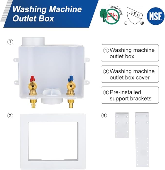 EFIELD Universal Washing Machine Outlet Box, 1/2-inch Pex Crimp Inlet x 3/4 inch MHT Outlet Connection, Center Drain,(WM048)