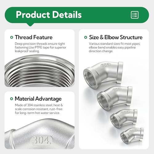 TAISHER 2PCS 304 Stainless Steel 45 Degree elbow,1-1/4" NPT Female x 1-1/4" NPT Female 304 Stainless Pipe Fitting