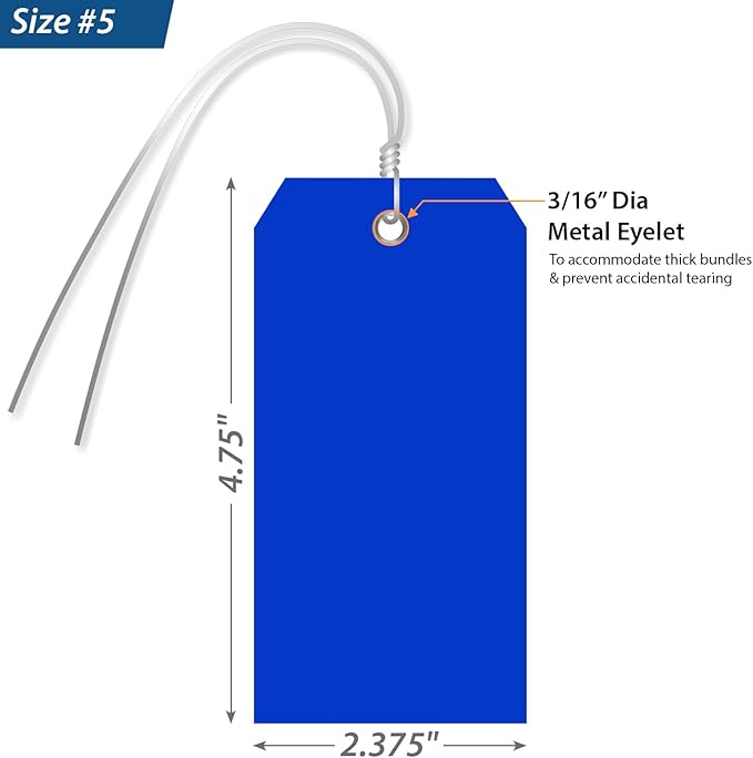 SmartSign Blue Plastic Tags with Pre-Attached Wires - 100-Pack, 4.75" x 2.375", Size#5, 10 mil Thick Tear-Proof Polylith Plastic Tags with Metal Eyelet, Writable Blank Tags for Shipping, Labeling