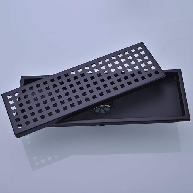 Linear Shower Floor Drain with Removable Cover Grid Grate 12 inch Long Rectangle, SUS 304 Stainless Steel Matte Black Plated Finish