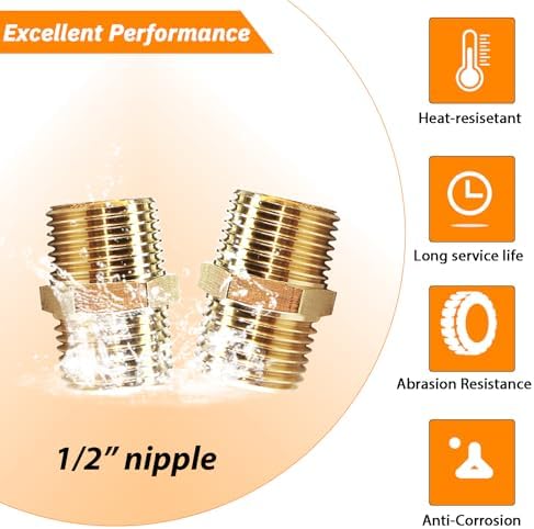 2PCS Hex Brass Nipple 1/2" NPT Male X 1/2" NPT Male Pipe Fitting 1/2 inch Brass Pipe Nipples Male Pipes Adapter Fittings Heavy Equal Nipples Connectors