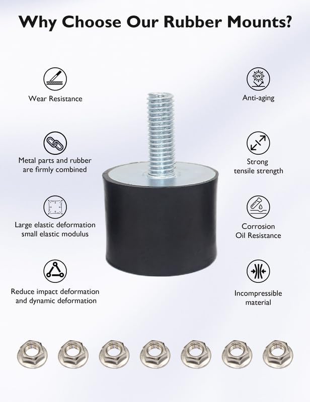 M12 Rubber Vibration Isolator Mounts Single Stud Shock Absorber Mechanical Vibration Damping Anti Vibration Silent-Blocks for Motors Compressors Pumps, 4pcs M12x37-60x50mm, 4pcs LockNuts