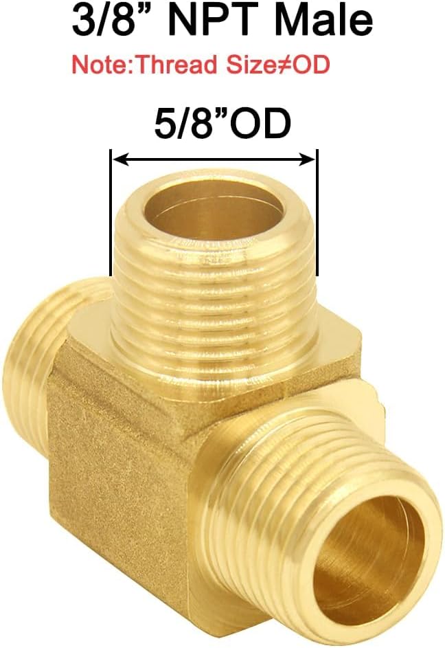 Joywayus 2PCS Brass Pipe Fitting Barstock Tee 3 Way NPT 3/8" Male x 3/8" Male x 3/8" Male Hose Fitting