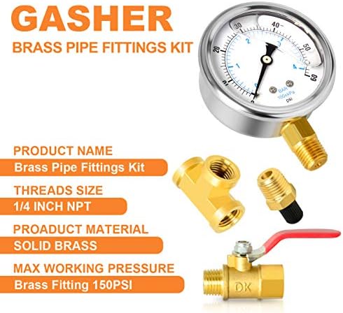GASHER 10PCS Pipe Fitting Kit, Brass, 1/4" - 1/8" & 3/8" - 1/4" Fittings, T Fitting, Ball Valve, Pressure Gauge 0-60PSI
