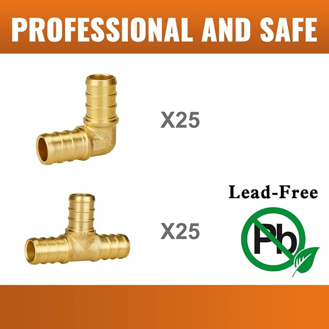 SUNGATOR 1/2 inch Pex Fittings, 50-Pack Brass Crimp Fittings, 90 Degree Elbow (25 PCS) + Tee (25 PCS) Kit, No Lead Pipe Connector