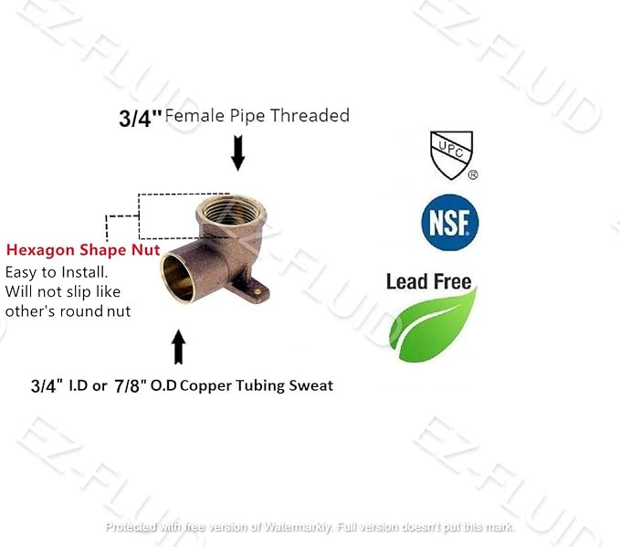 3/4-inch Nominal Copper Sweat X 3/4" Fip Threaded Drop Ear Elbow Fitting 3/4"CxFIP, LF Brass Shower Drop Ear 90 Degree Elbow with Sweat Socket and Female Threaded Plumbing Fittings (1-Pack)