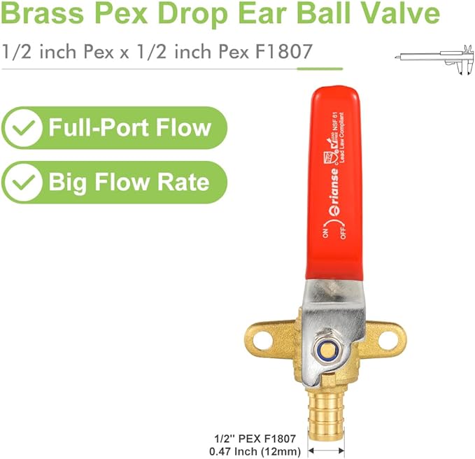 10 Pack ORIANSE 1/2 Inch Heavy Duty Pex Ball Valve with Drop Ear Brass Barb Crimp 1/4- Turn Full Port Shut Off For PEX-b Connection Hot and Cold Water,Cetified by NSF/ANSI 61, ASTM F1807