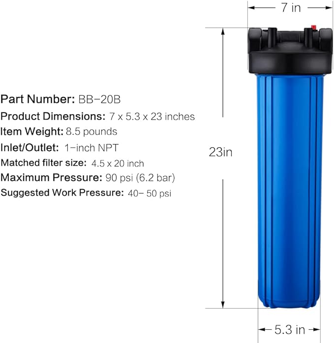 Geekpure 20 Inch Whole House Water Filter Housing-1"NPT Bras Port -Fit 4.5"x 20" Filter (2)