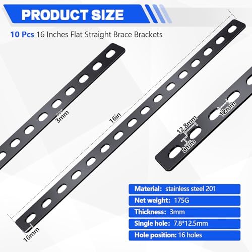 Zonon 10 Pcs 16 Inches Flat Straight Brace Brackets Adjustable 201 Stainless Steel Mending Plate 408mm/16 '' Length 16 Screw Hole Straight Bracket, 2.8 mm Thickness, Slot for 5/16" Screw (Black)