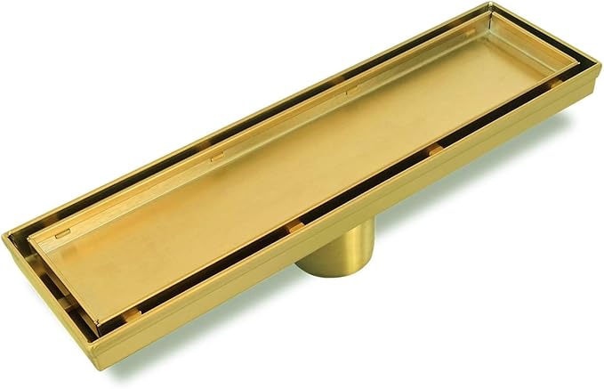 Neodrain 12-Inch Gold Linear Shower Drain, 2-in-1 Flat & Tile Insert Cover, Stainless Steel Linear Drain, Brushed Brass Rectangle Shower Floor Drain with Hair Strainer, Watermark&CUPC Certified
