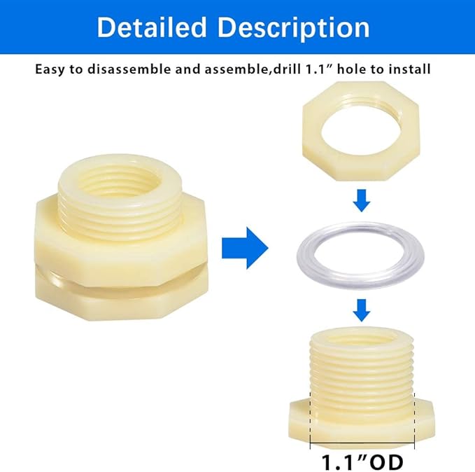 Quickun 1/2" ABS Bulkhead Water Tank Connector Adapter Fitting with Plugs Thru-Bulk Pipe Fitting (Set of 4)