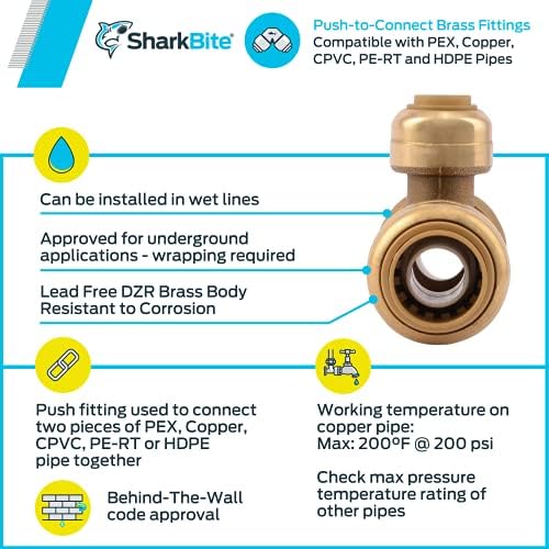 SharkBite 1/2 Inch x 1/2 Inch x 1/4 Inch (3/8 Inch OD) Reducing Tee, Push To Connect Brass Plumbing Fitting, PEX Pipe, Copper, CPVC, PE-RT, HDPE, U359LFA