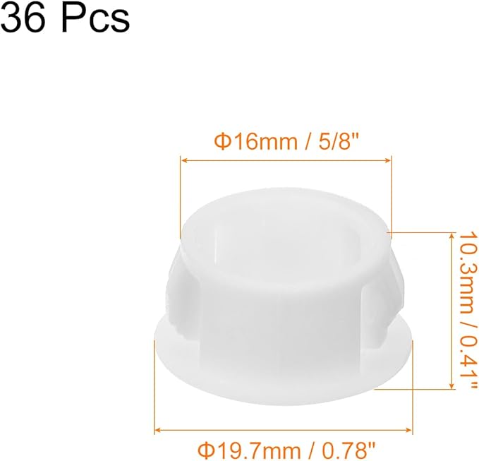 uxcell 16mm(5/8") Plastic Hole Plugs, 36Pcs Flush Type Panel Round Snap in Fastener Knockout Locking Plugs for Furniture Insert End Caps Panels, White