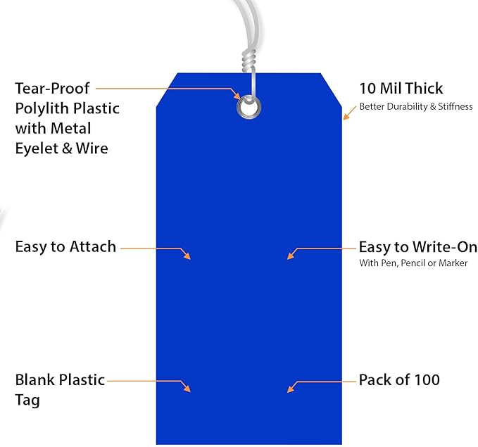 SmartSign Blue Plastic Tags with Pre-Attached Wires - 100-Pack, 4.75" x 2.375", Size#5, 10 mil Thick Tear-Proof Polylith Plastic Tags with Metal Eyelet, Writable Blank Tags for Shipping, Labeling