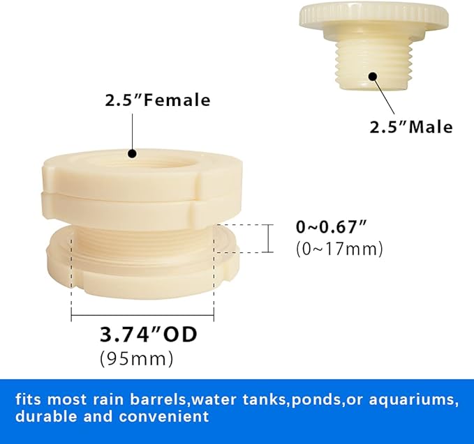 Quickun 2-1/2" ABS Bulkhead Water Tank Connector Adapter Fitting with Plugs Thru-Bulk Pipe Fitting (Set of 1)