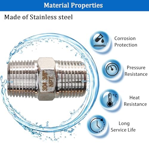3/8" NPT Stainless Steel Hex Nipple, 2PCS Male to Male Pipe Fitting Adapter