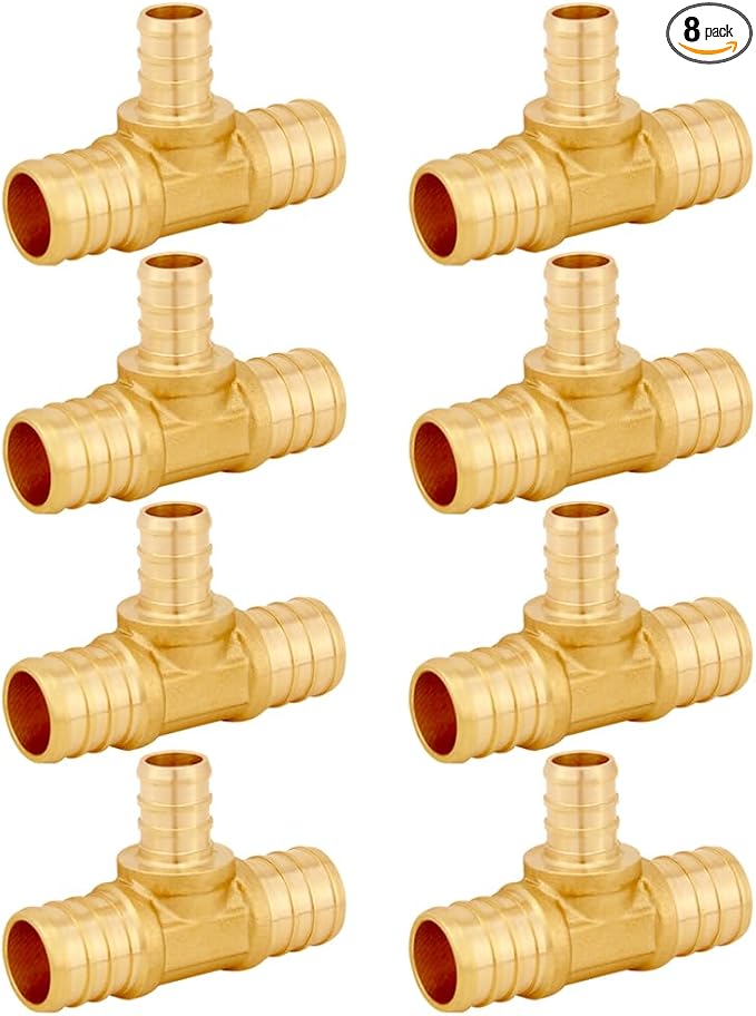 8PCS LF Brass 3/4 to 1/2 to 3/4 Inch PEX Tee Reducer 3 Way Coupling Barb Crimp Pipe Tube Fitting