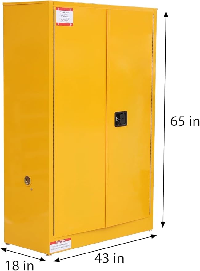 Flammable Storage Cabinet 43" x 18" x 65", 45 Gallon Galvanized Steel Flammable Liquid Storage Locker with 2 Adjustable Shelves & Manual-Close Doors, OSHA Compliant Industrial Hazardous Storage, Yell