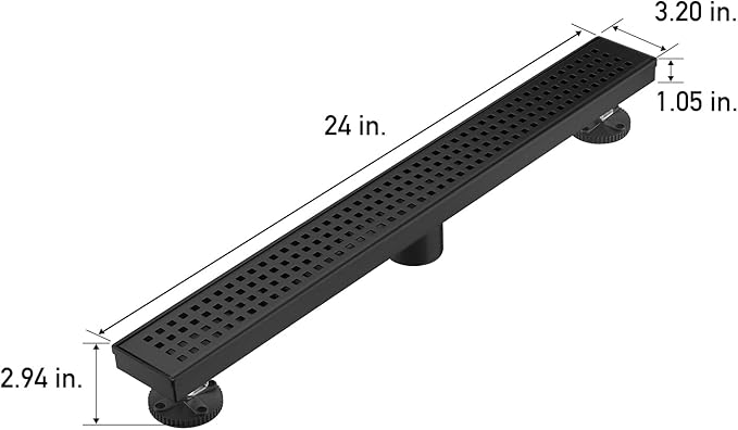Linear Shower Floor Drain, Matte Black 24 Inch 304 Stainless Steel Bathroom Drains Kit, Long Rectangular Shower Trench Drain with Square Pattern Drain Cover & Hair Catcher
