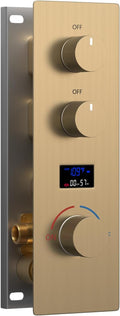 Concealed Mount Brass Shower Valve, Digital Temperature Display, Flow Control Mixing Valve, 2 Function, Brushed Gold