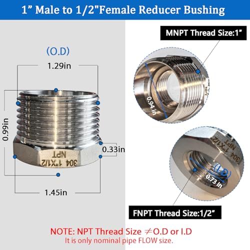 2 Pcs Stainless Steel Bushing 1" Male to 1/2" Female, 1" to 1/2" NPT Adapter Hex Stainless Steel Reducing Pipe Adapter Fitting Stainless Steel Fitting Pipe Hose Tube Adapter Convert
