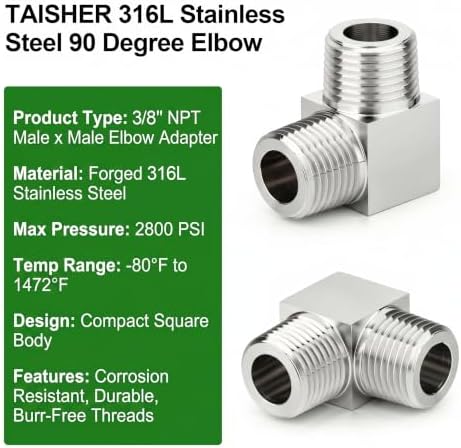 TAISHER 2pcs Forged 316L SS 90 Degree Elbow, 3/8"NPT Male Pipe Connector