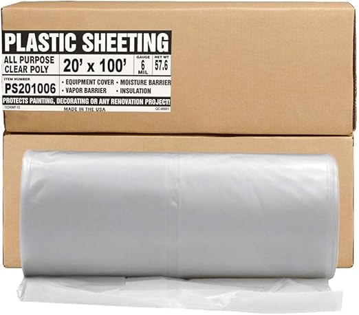Aluf Plastics Plastic Sheeting - 20' x 100', 6 MIL Heavy Duty Gauge - Clear Vapor and Moisture Barrier Sheet Tarp/Drop Cloth for Painting & Furniture (1 Pallet of 25 Pack)