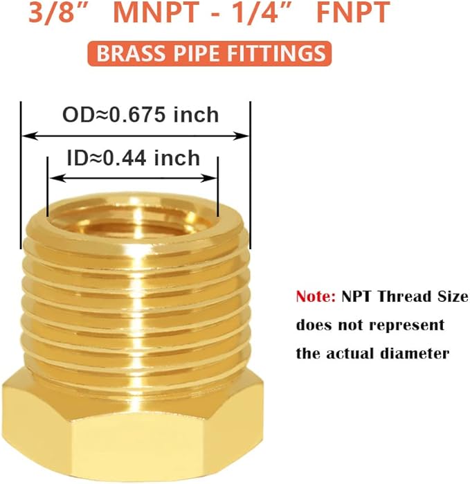 Hooshing 10Pcs Brass Reducer Hex Bushing 3/8" NPT Male x 1/4" NPT Female Threaded Pipe Fitting Hose Tube Adapter Convert