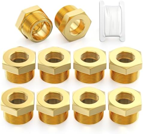 TAISHER 10PCS Brass Reducer Hex Bushing Threaded Pipe Fitting 3/8" NPT Male x 1/8" NPT Female Adapter