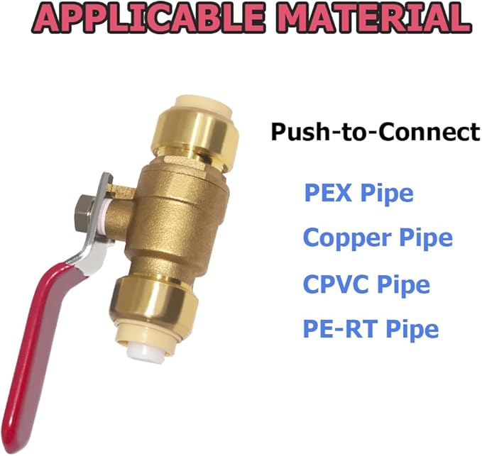 Hooshing 2PCS 1/2 Inch Push-Fit Full Port Ball Valve Shut Off Water Valve Push-to-Connect, PEX, Copper, CPVC, PE-RT, Solid Brass, Red
