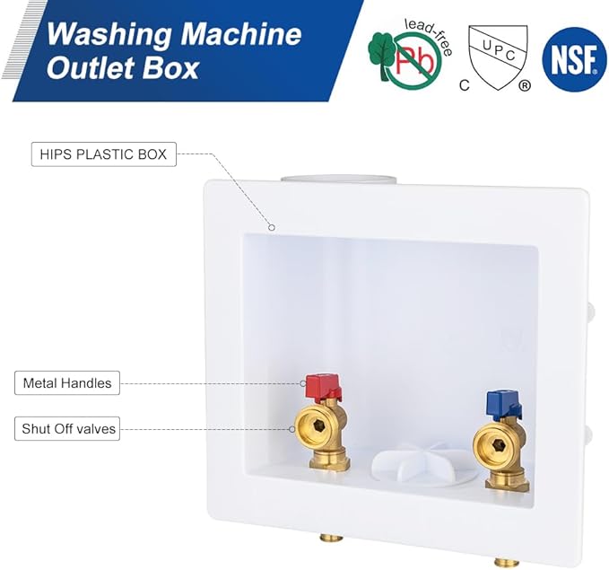 EFIELD Universal Washing Machine Outlet Box, 1/2-inch Pex Crimp Inlet x 3/4 inch MHT Outlet Connection, Center Drain,(WM048)