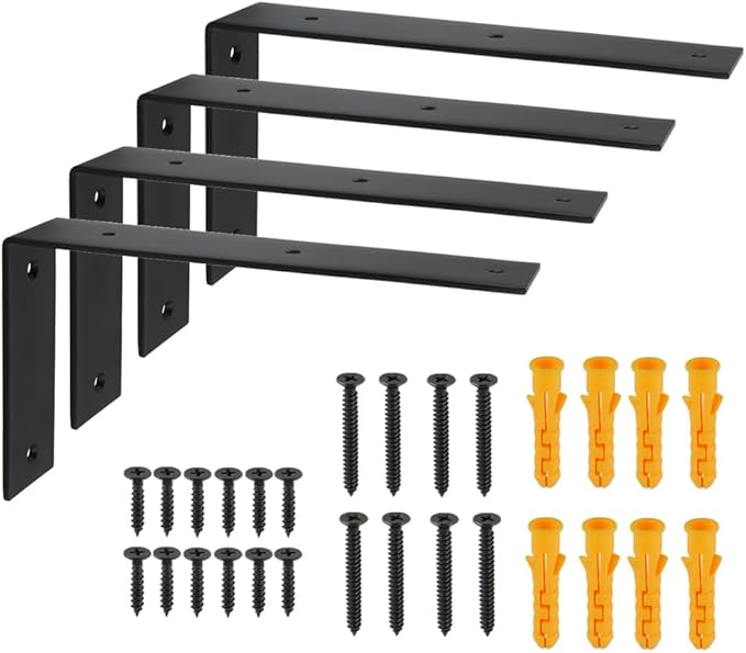 Alise Floating Shelf Brackets Heavy Duty L-Shaped Wall Brackets - Black Angle Corner Braces for Shelves, Stainless Steel Reinforced Shelf Support Bracket for Wooden Boards 9x5 Inch,Pack of 4