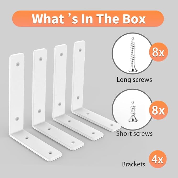 White Heavy Duty Shelf Brackets 6 Inch, Rustic Gold Iron L Shelf Bracket, Industrial Modern Metal Floating Shelf with Hardware for DIY Open Shelving, 4 Pack