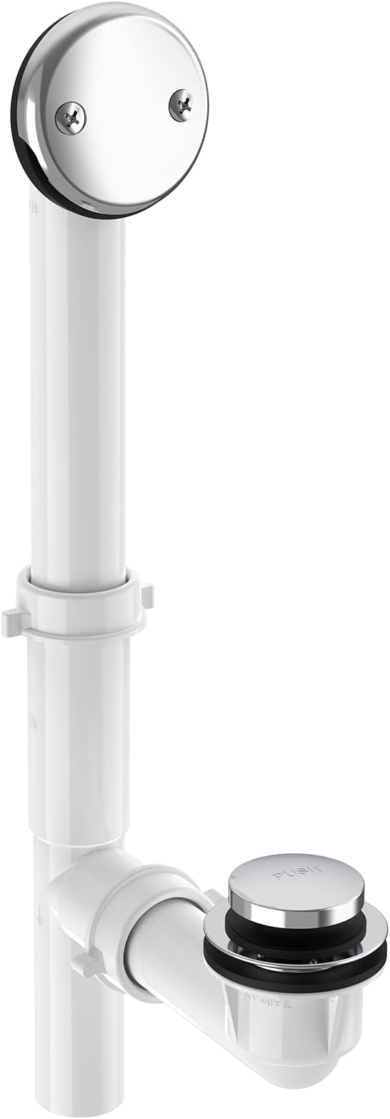 1-1/2"" White Tubular Bath Drain Kit with Tip-Toe Bath Drain Stopper, Touch-Toe Tub Drain, Tip Toe Bathtub Drain Waste and Overflow With Plug and Bathtub Overflow Drain Cover (Plated Chrome)