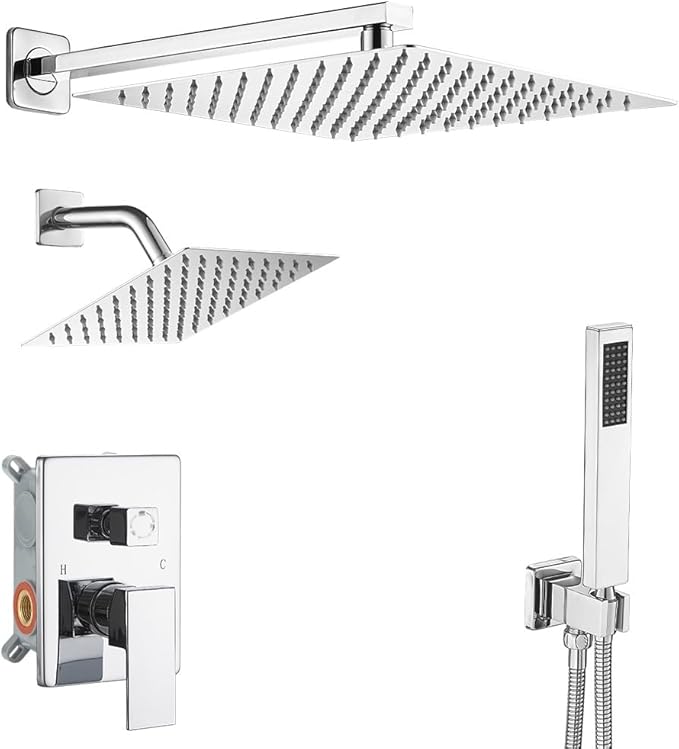 Shower Faucet Set Polished Chrome Shower System, Knob Switch Diverter Shower Faucet with High Pressure Handheld Spray, Wall Mount 12 Inch Shower Head with 6 Inch Wall Mount Shower Head