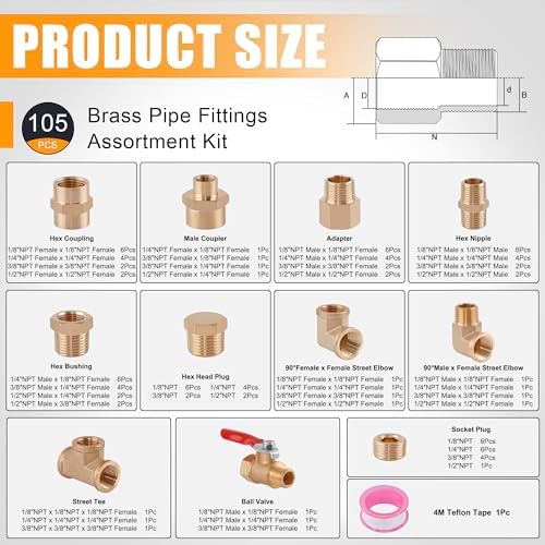 105PCS Brass Pipe Fittings Assortment Kit,1/8" 1/4" 3/8" 1/2" NPT