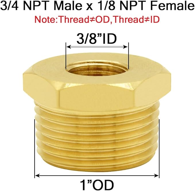Joywayus Brass Reducer Hex Bushing Reducing Cast Pipe Fitting 3/4" NPT Male x 1/8" NPT Female Adapter (Pack of 2)