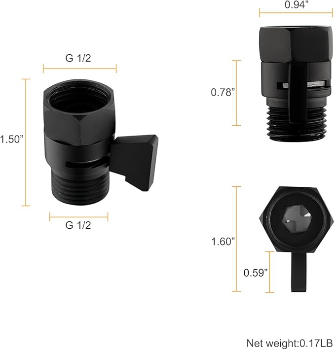 Matte Black Water Flow Control Valve, G1/2" Shower Head Flow Control Brass Shut Off Valve for Handheld, Water Pressure Regulator Replacement for Shower System