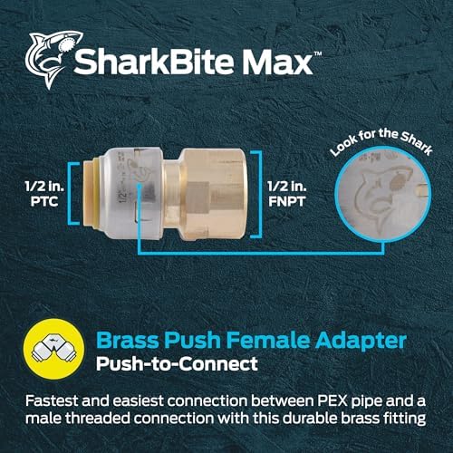 SharkBite Max 1/2 x 1/2 Inch FNPT Adapter, Push To Connect Brass Plumbing Fitting, PEX Pipe, Copper, CPVC, PE-RT, HDPE, UR072A