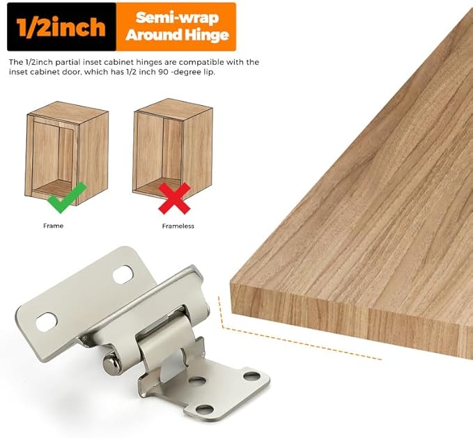 Ravinte 30 Pack 15 Pairs Semi-Overlay 1/2 inch Self-Closing Face Frame Cabinet Hinges Satin Nickel Half Wrap-Around Kitchen Cabinet Door Hinges Face Mount Cabinet Hardware
