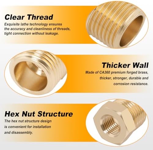 KOOTANS 25PCS Brass Hex Bushing Kit Brass Fittings Assortment 1/4" to 1/8", 3/8" to 1/8", 3/8" to 1/4", 1/2" to 1/4", 1/2" to 3/8" NPT Reducer Pipe Fittings Adapter Fitting
